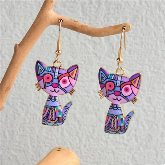 Colorful Cat Dangle Earrings - Picture 4 of 6